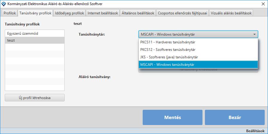 5.2.2.2 Tanúsítványtár és Aláíró tanúsítvány megadása A létrehozott Tanúsítvány profilhoz Tanúsítványtárat és Aláíró tanúsítványt lehet megadni.