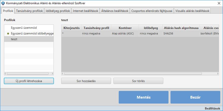 A Mentés gombra kattintva az új profil mentésre kerül és a Profilok között megjelenik. A profilhoz tartozó adatokat a képernyő jobb oldalán megjelenő táblázatban tudjuk megadni.