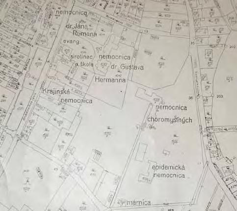 Stav parciel dnešného nemocničného areálu v r. 1935 výrez z historickej katastrálnej mapy vykazujúcej stav v r.