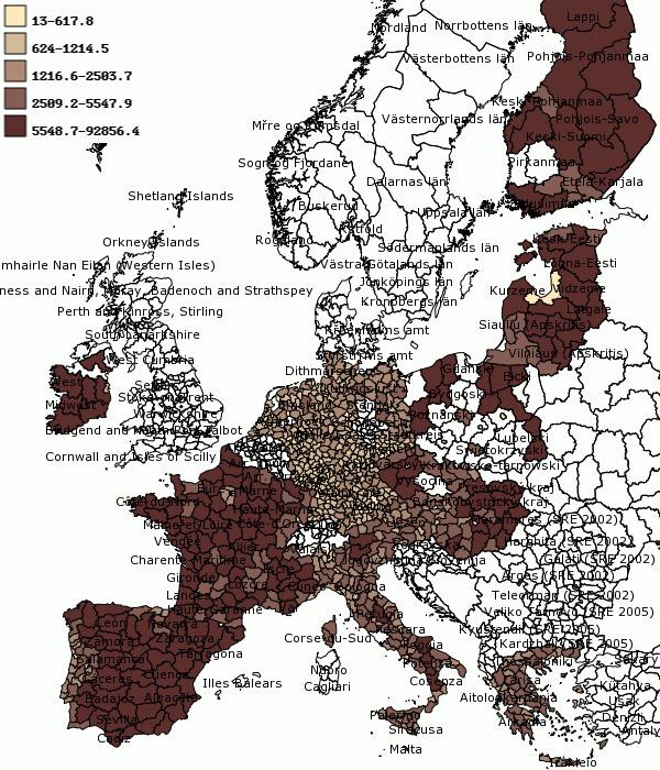 10. ábra Demográfiai statisztikai kartogram a földterületek nagysága négyzetkilométerben 2006-ban megyei szinten 3.5.