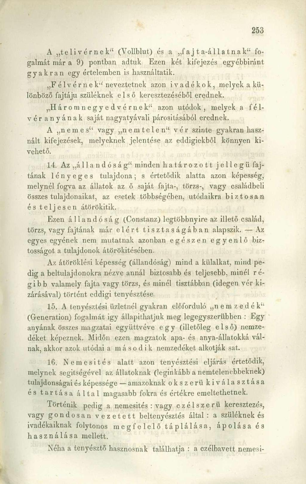 A telivérnek" (Vollblut) és a fajta-állatnak" fogalmát már a 9) pontban adtuk Ezen két kifejezés egyébbiránt gyakran egy értelemben is használtatik.