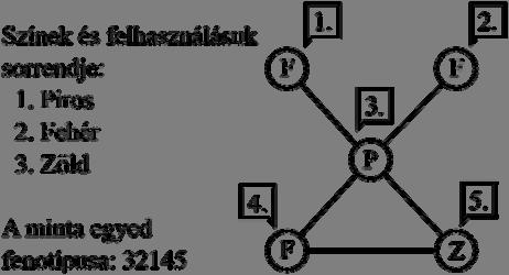 ábra Példa egy gráf sorrendi kódolására. A buborékokban a csúcsok színezési sorrendjének megadásához szükséges azonosítók láthatóak.