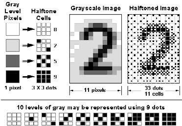 Nyomtatás nyomtatóval A változó számú képpont-csoportok az. un cellák pontkiosztó módszereit féltónusnak (halftone) vagy diterálásnak (dithering) nevezik.