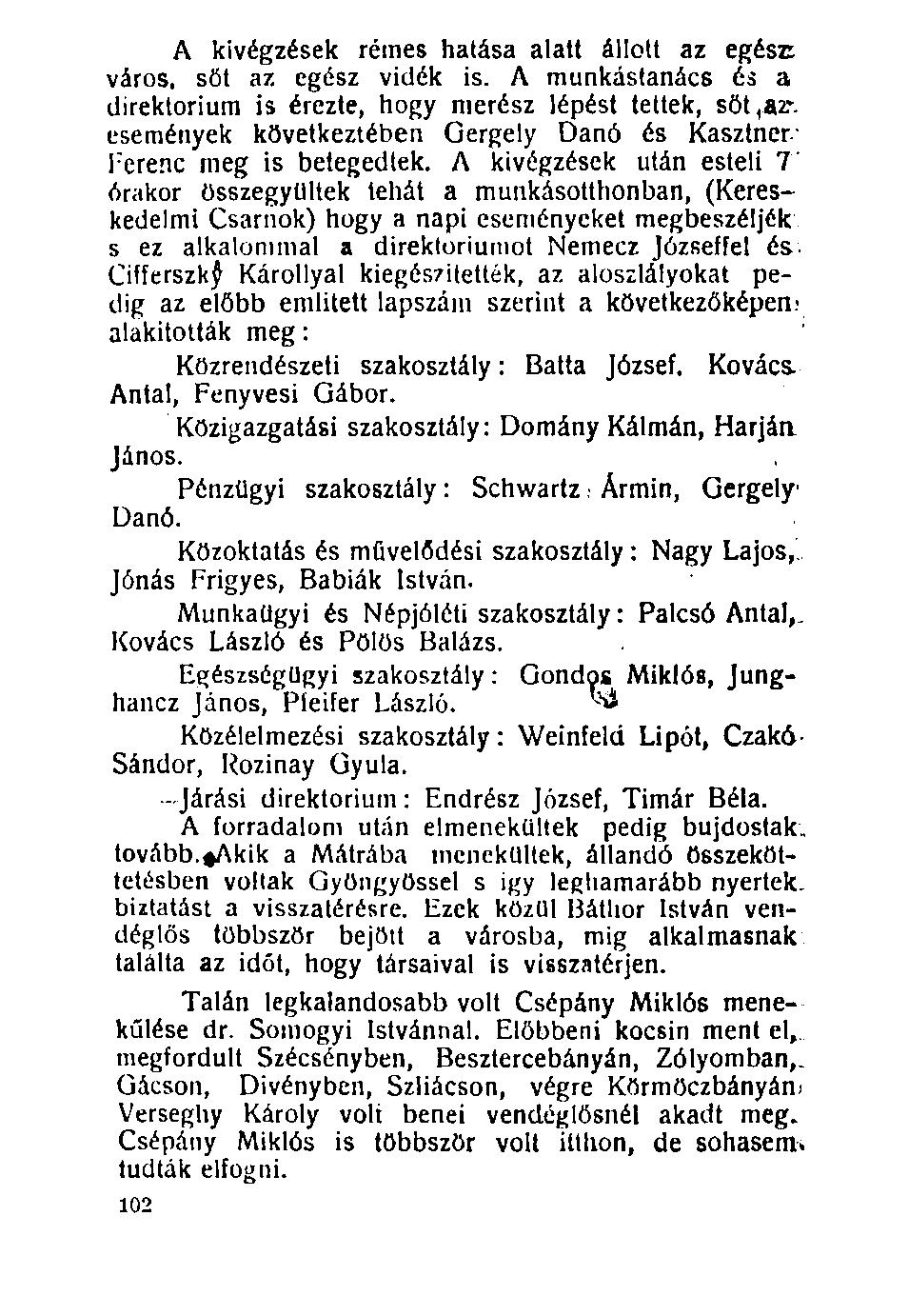 100. A kivégzések rémes hatása alatt állott az egész: város, sőt az egész vidék is. A munkástanács és a direktórium is érezte, hogy merész lépést tettek, söt,*?