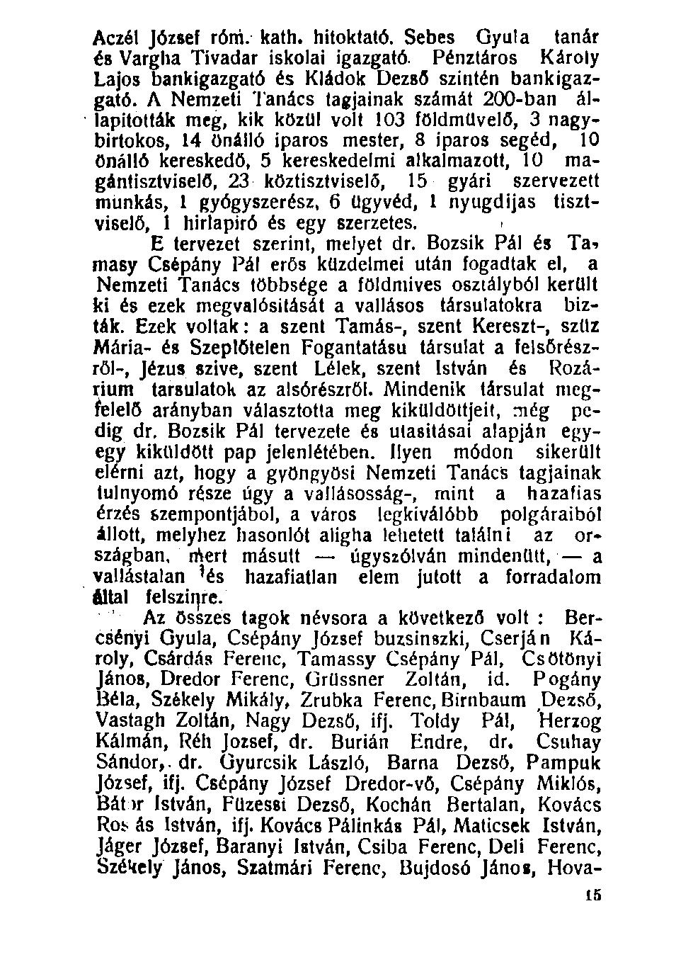 100. Aczél József róni. kath. hitoktató. Sebes Gyula tanár és Vargha Tivadar iskolai igazgató. Pénztáros Károly Lajos bankigazgató és Kládok Dezső szintén bankigazgató.
