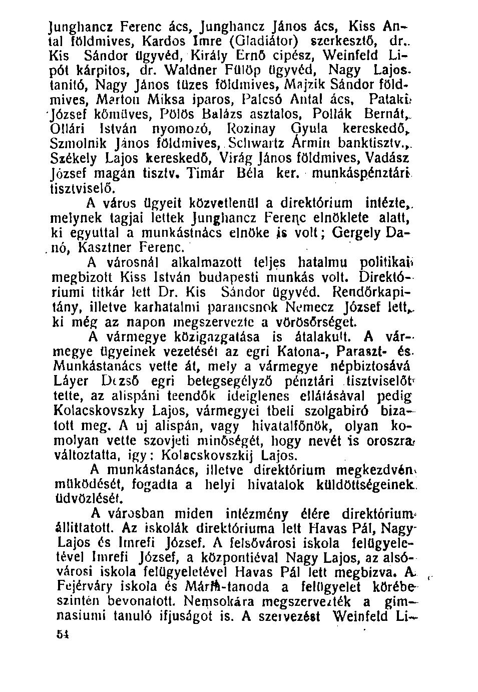 Junghancz Ferenc ács, Junghancz János ács, Kiss Antal földmives, Kardos Imre (Gladiátor) szerkesztő, dr,. Kis Sándor ügyvéd, Király Ernő cipész, Weinfeld Lipót kárpitos, dr.