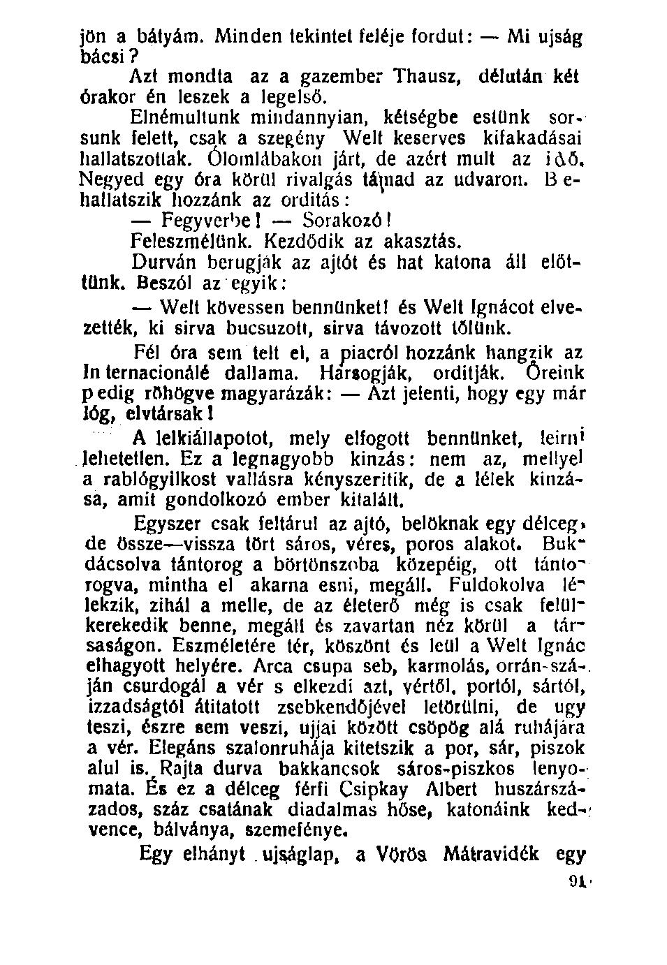 jön a bátyám. Minden tekintet feléje fordut: Mi újság bácsi? Azt mondta az a gazember Thausz, délután két órakor én leszek a legelső.