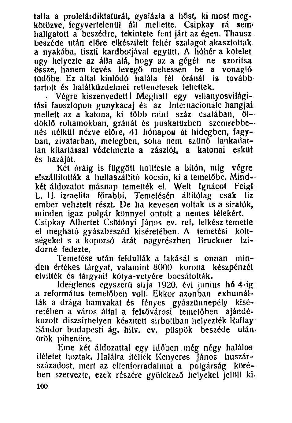 talta a proletárdiktatúrát, gyalázta a hőst, ki most megkötözve, fegyvertelenül áll mellette. Csipkay rá sem> hallgatott a beszédre, tekintete fent járt az égen.