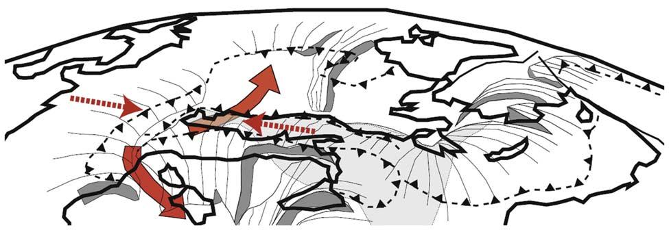 Kiss J. 17. ábra A harmadik geodinamikai modell (Kovács et al. 2011, Jolivet et al. 2009 után módosítva).