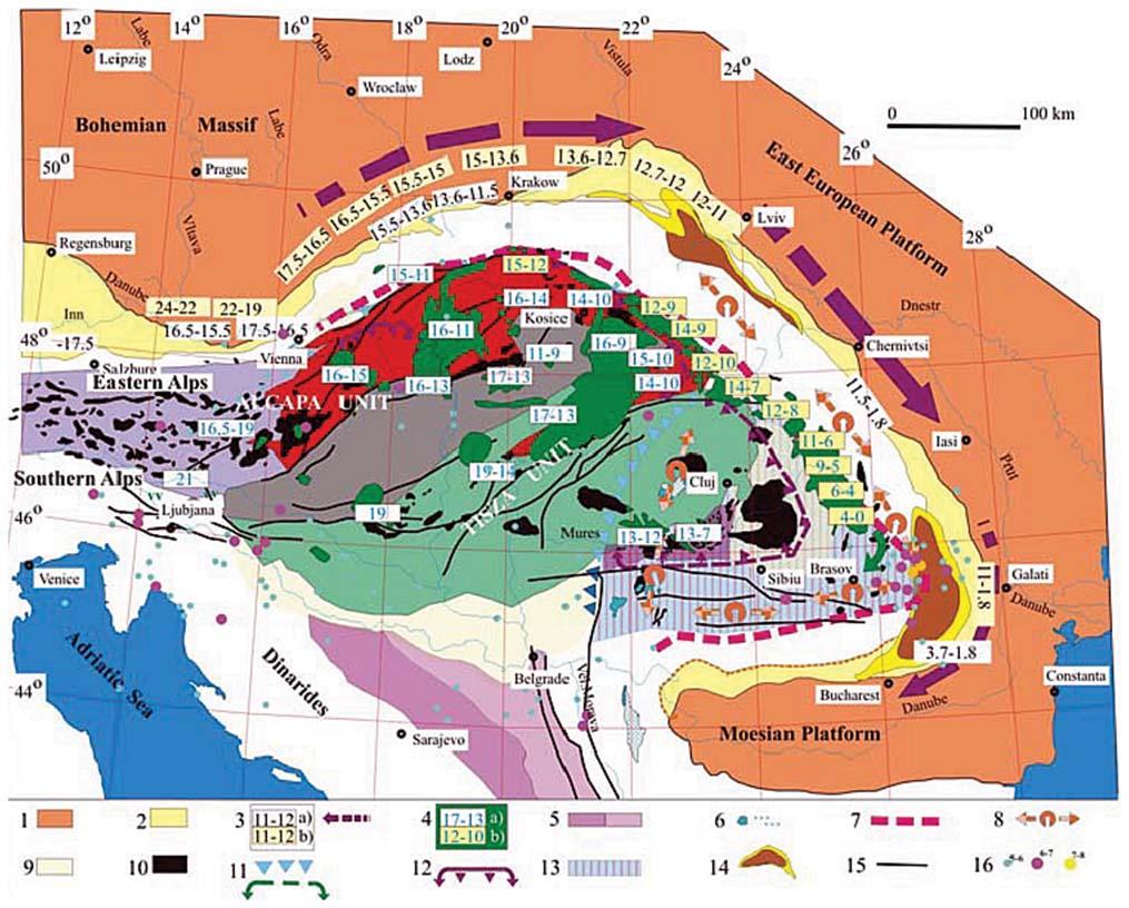 Kiss J. 20. ábra A szubdukció kollízió átmenet és a vulkanizmus korának változása a Kárpát-Pannon Régióban (Pospišil et al. 2012).