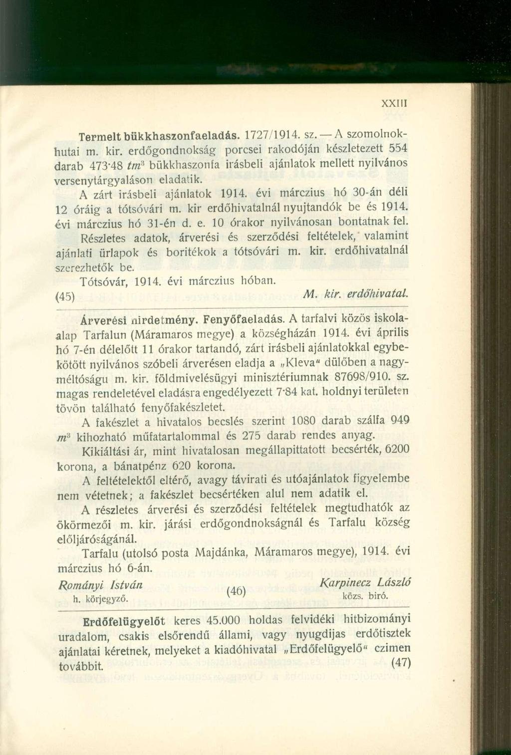 Termelt bükkhaszonfaeladás. 1727/1914. sz. A szomolnokhutai m. kir.