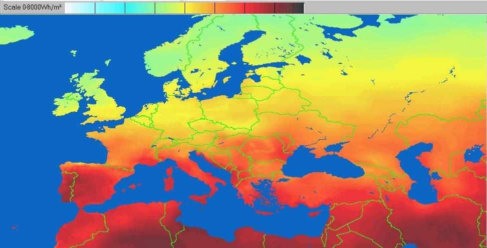 Napenergia potenciál A vízszintes felületre érkező napi globál sugárzás összegek havi középértéke augusztusban Európában