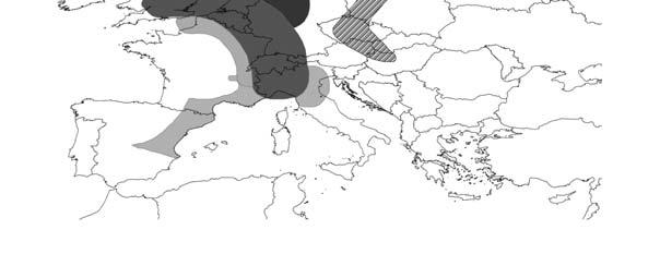 1.ábra: Európa térszerkezeti modelljei: Kék Banán, Francia banán, Német Púp, Európai Sunbelt és a Közép-európai Bumeráng Forrás: Brunet 1989, Gorzelak 1996, Kunzmann, 1992, Schatzl 1993, Hospers 2003