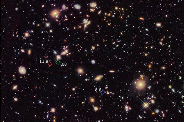 A Hubble- űrtávcső egyik képe az univerzum térbeli és időbeli távoli zugáról. Döbbenetesen sok galaxis látható. A számok a távolodási sebesség nagyságának arányát tükrözik. (Forrás: NASA, ESA, HST.