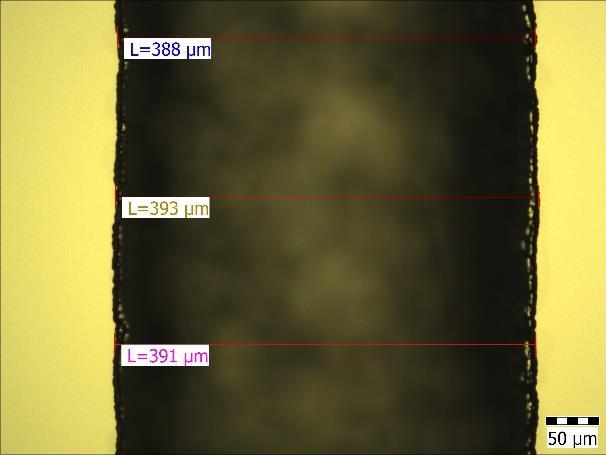 másodperces marás során 100 µm mélységű csatornák alakulnak ki a mintázatnak megfelelően a szelet bármelyik pontján, amiből következtetni lehet arra, hogy a marási sebesség a szelet mentén mindenhol