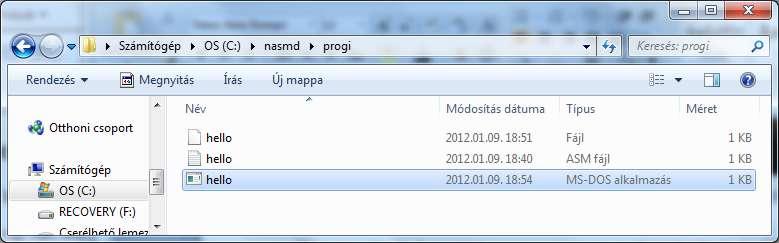 Most már van olyan fájlunk, ami dos alatt fut, és a NASM hozta létre. A hello.com indítható a parancssorból, és indítható ikonra kattintva.