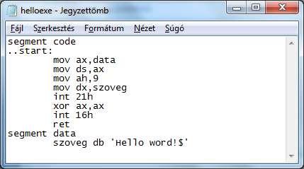 A címke használata speciális eset, com kiterjesztésű fájlok esetén a fordítás problémamentes. nasm f bin progi\hello.asm o progi\hello.