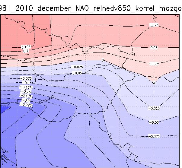 ábra: 850hPa szinti relatív nedvesség és a NAO index havi korrelációs együtthatóinak területi eloszlása a téli időszak