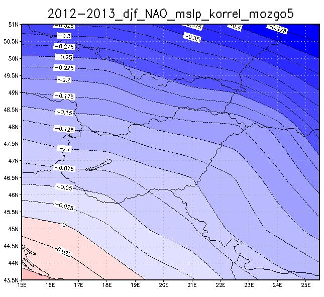 38. ábra: A 2012-2013-as tél tengerszinti légnyomás értékeinek korrelációja a NAO és AO indexek napi értékeivel Délnyugaton előjelváltás történik, de