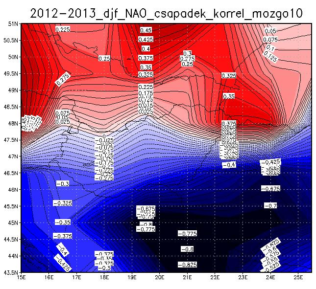 41. ábra: A 2012-2013-as tél csapadékösszegeivel vett korrelációja a NAO és AO indexek napi értékeinek Mindkét index esetén határozottan kirajzolódik Észak-Magyarország területén a pozitív és negatív