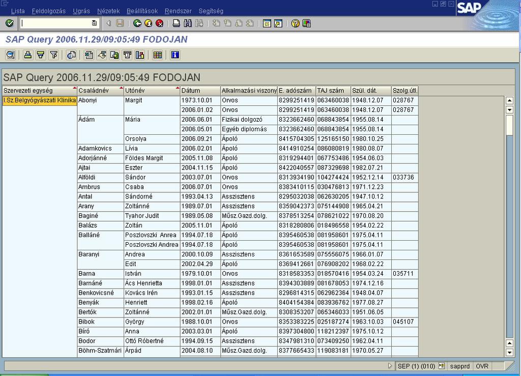 Kiviteli képernyő: innen lehet az előző képernyőn beállított listát nyomtatni, illetve pl. excel táblába elmenteni, további felhasználásra.