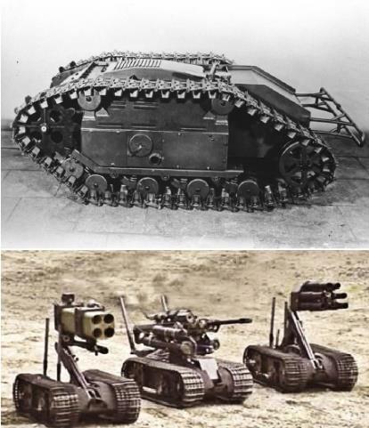 8. ábra: Goliath és napjaink UGV-i [6] A 8. ábrán látható (felül) maga a Goliath robot, alatta pedig a napjainkban használatos katonai robotok.