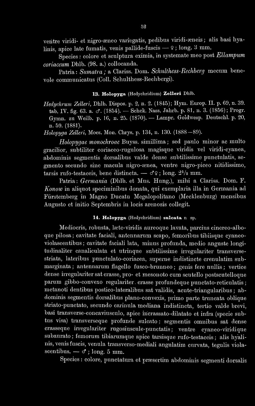 Schulthess-Rechherg mecum bénévole communicatus (Coll. Schulthess-Eechbergi). 13. Holopyga (Hedychriclium) Zelleri Dhlb. Hedychrum Zelleri, Dhlb. Dispos, p. 2, n. 2. (1845); Hym. Europ. II. p. 69, n.