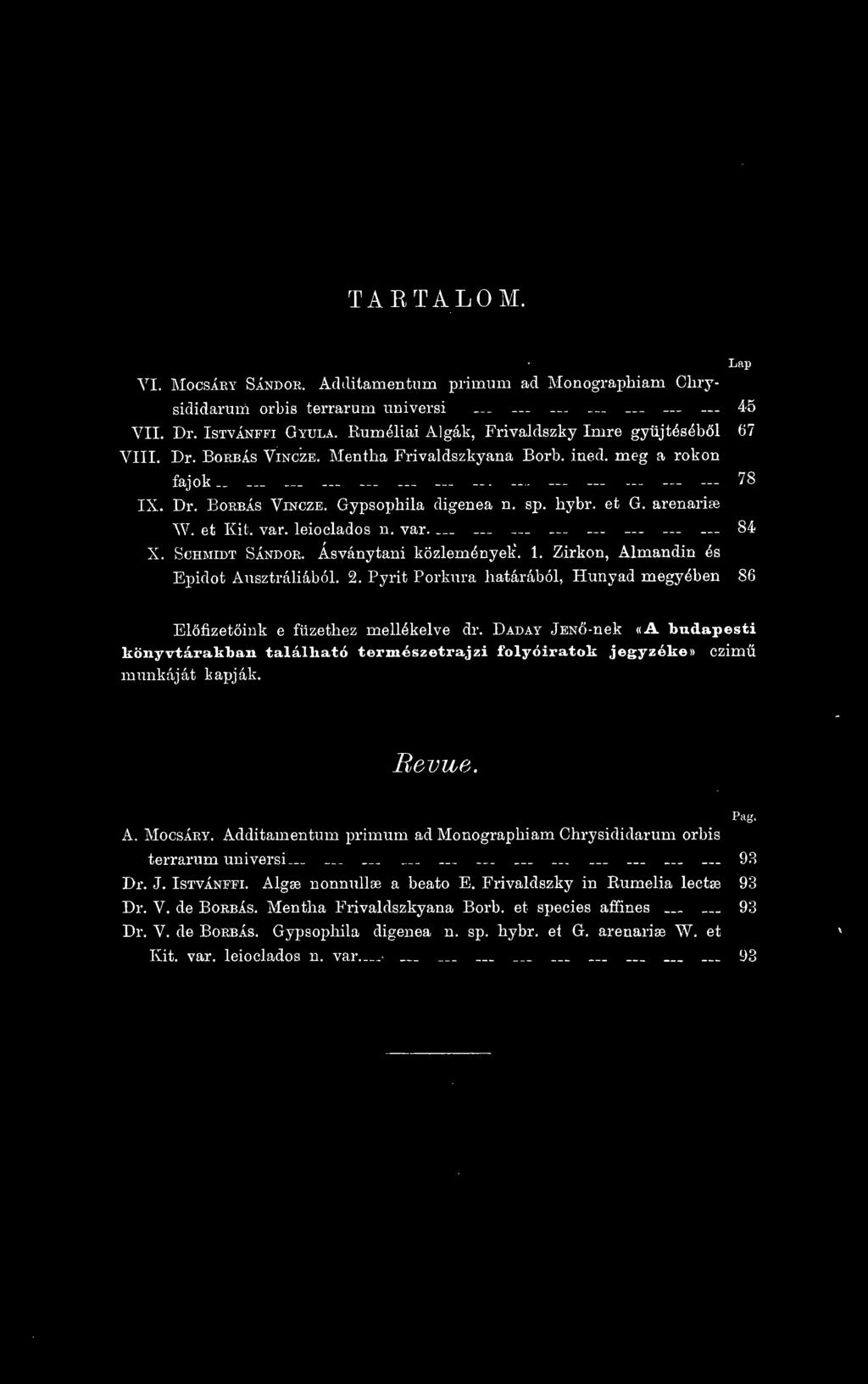 Daday jbn-nek «A budapesti könyvtárakban található természetrajzi folyóiratok jegyzéke» czim munkáját kapják. Bevue. A. MocsÁRY.