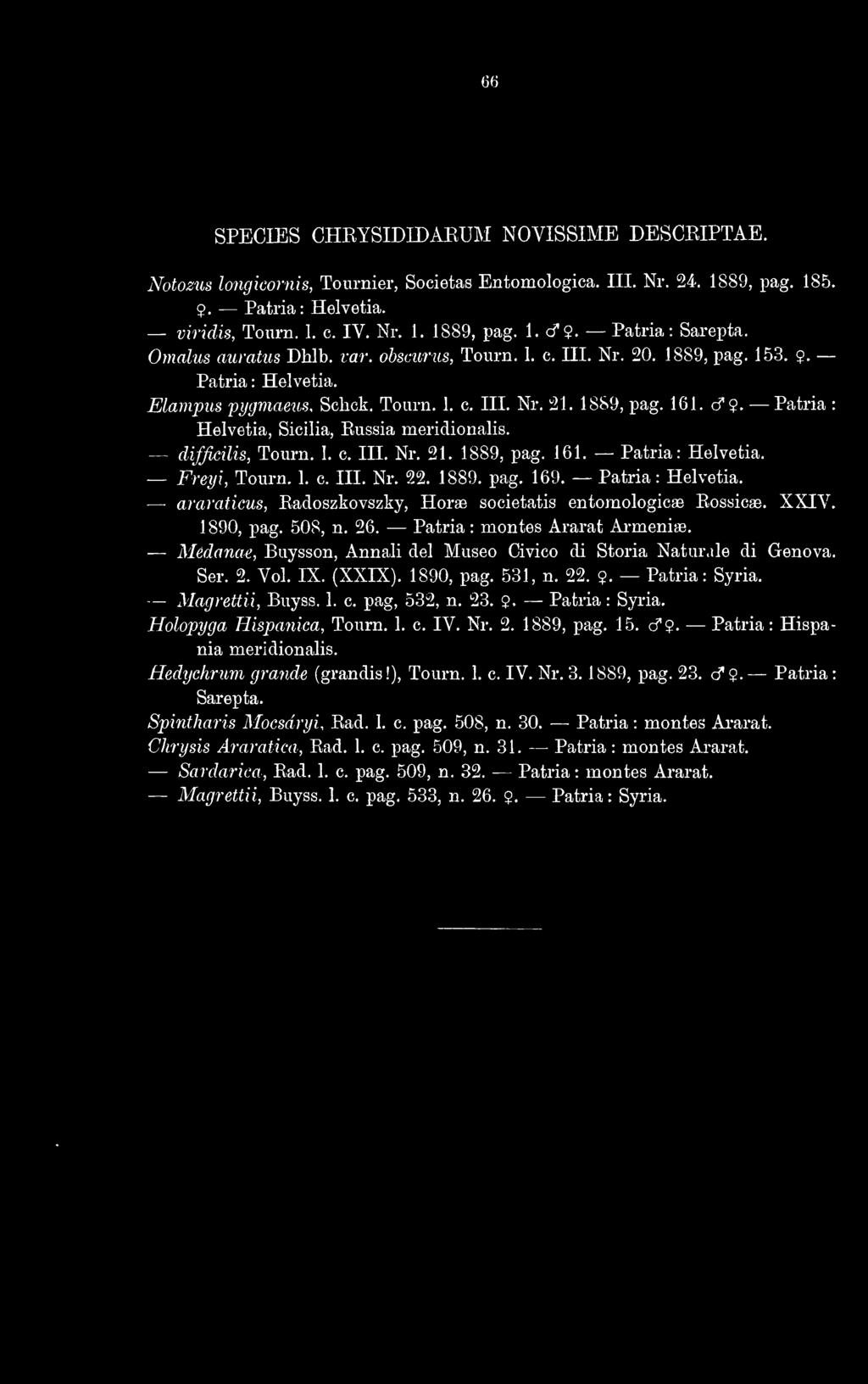 . Patria : Helvetia, Sicilia, Eussia meridionalis. difßcilis, Tourn. I. c. III. Nr. 21. 1889, pag. 161. Patria : Helvetia. Freyi, Tourn. 1. c. III. Nr. 22. 1889. pag. 169. Patria : Helvetia. araraticus, Eadoszkovszky, Horae societatis entomologicae Eossicae.