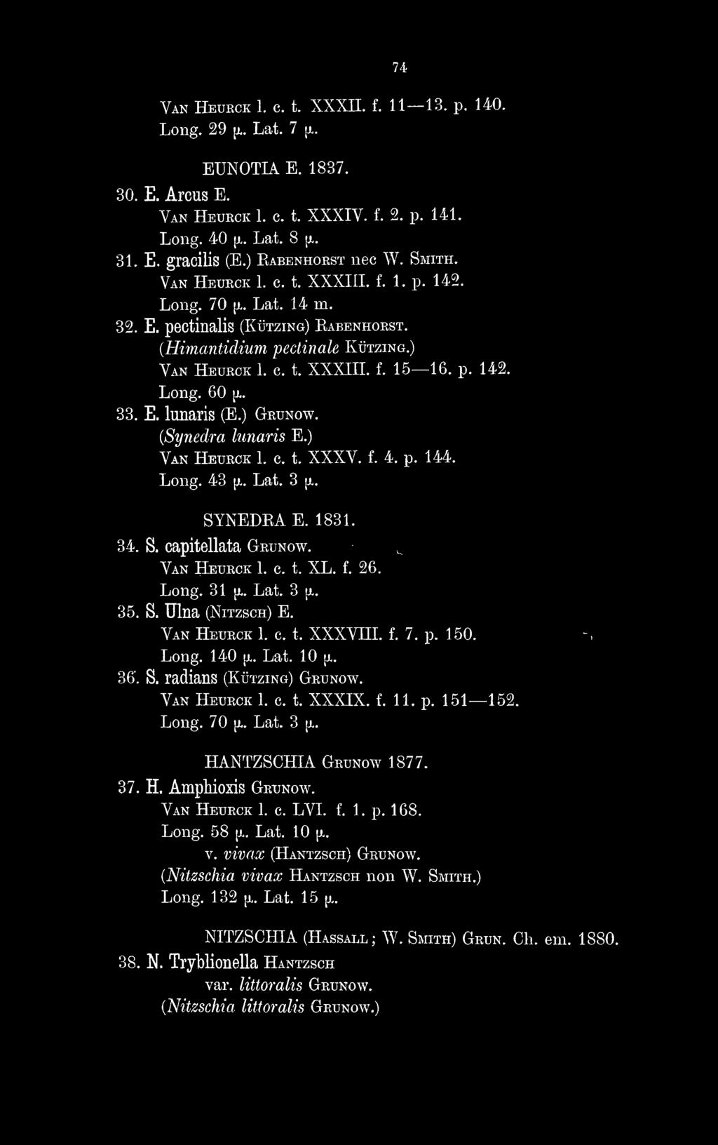 p. 142. Long. 60 [JL. 33. E. lunaris (E.) Grunow. {Synedra lunaris E.) Van Heurck 1. c. t. XXXV. f. 4. p. 144. Long. 43 ^. Lat. 3 ^. SYNEDEA E. 1831. 34. S. capitellata Grunow. Van Heurck 1. c. t. XL.