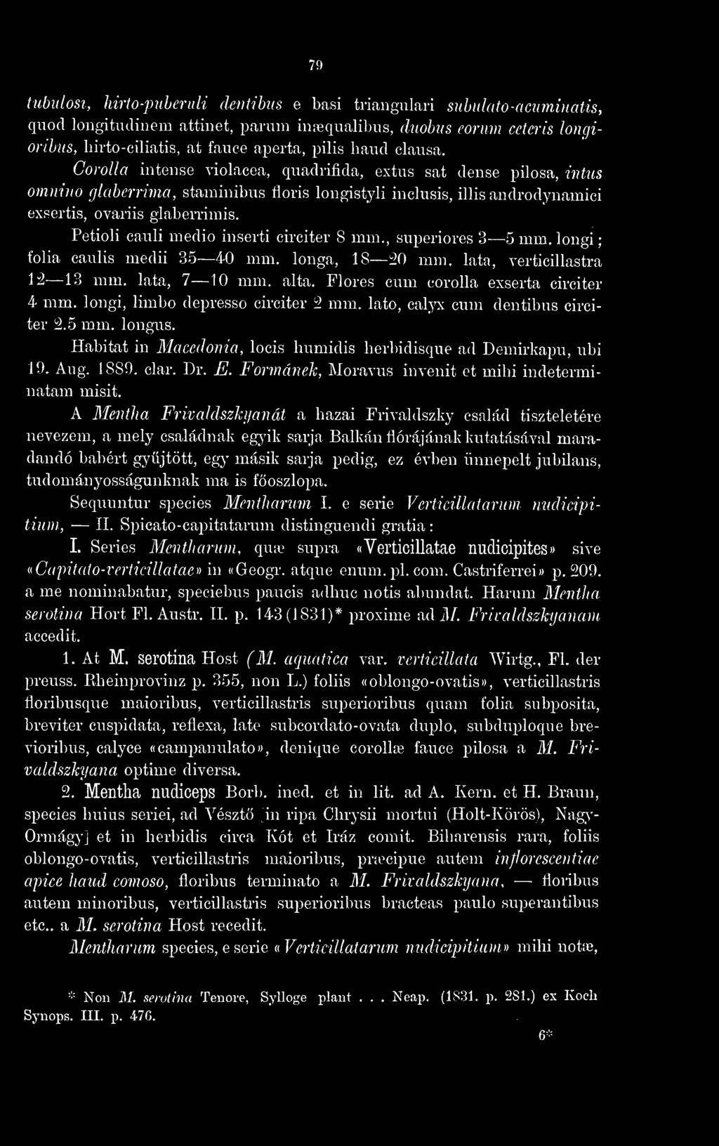 Petioli cauli medio inserti circiter 8 mm., superiores 3-5 mm. longi ; folia caulis medii 35 40 mm. longa, 18 20 mm, lata, verticillastra 12 13 mm. lata, 7 10 mm. alta.
