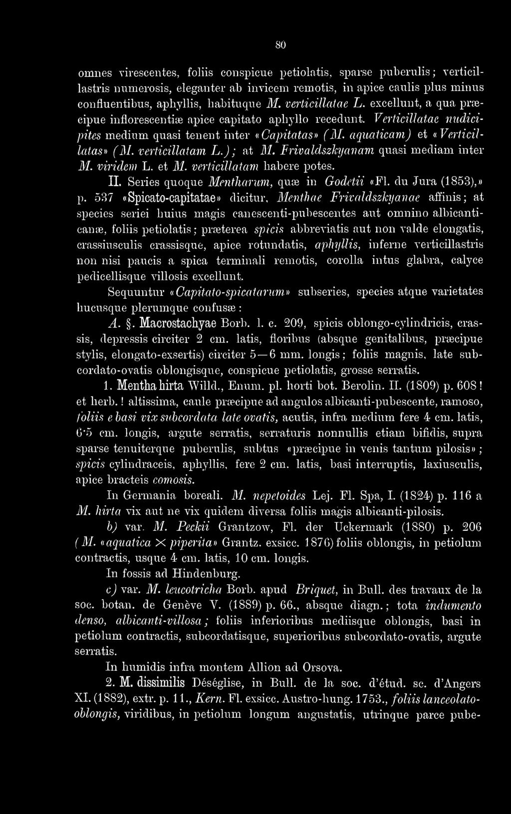 verticillatam L.) ; at M. Frivaldszh/anam quasi mediam inter M. viridem L. et M. verticillatam habere potes. II. Series quoque Mcntharum, qua? in Godetii «Fl. du Jura (1853),» p.