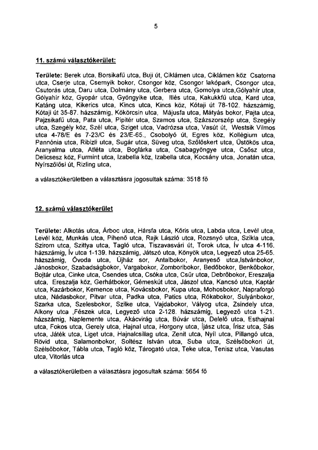 5 11. számú választókerület: Területe: Berek utca, Borsikafű utca, Buji út, Ciklámen utca, Ciklámen köz Csatorna utca, Cserje utca, Csernyik bokor, Csongor köz, Csongor lakópark, Csongor utca,
