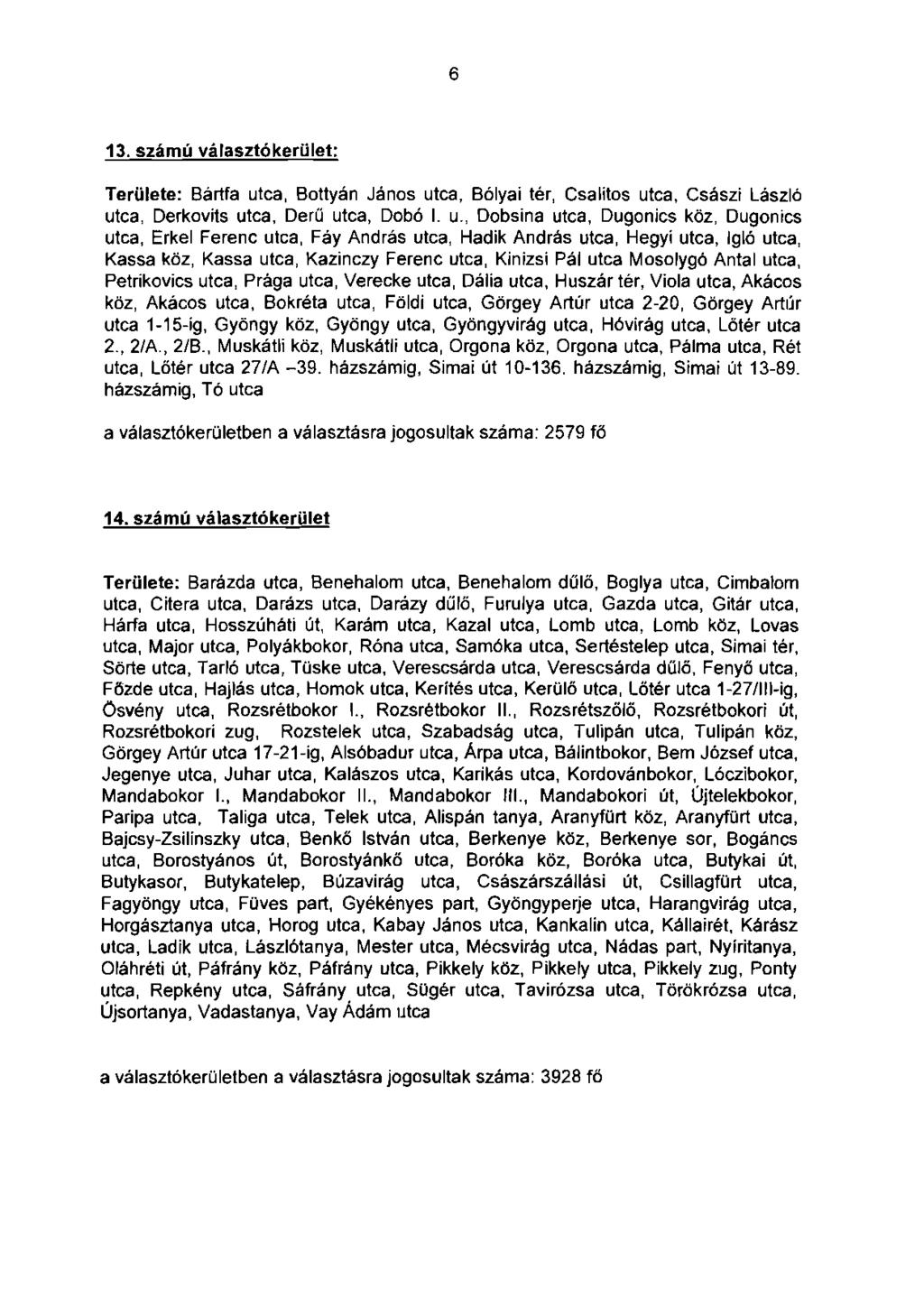 6 13. számú választókerület: Területe: Bártfa ut