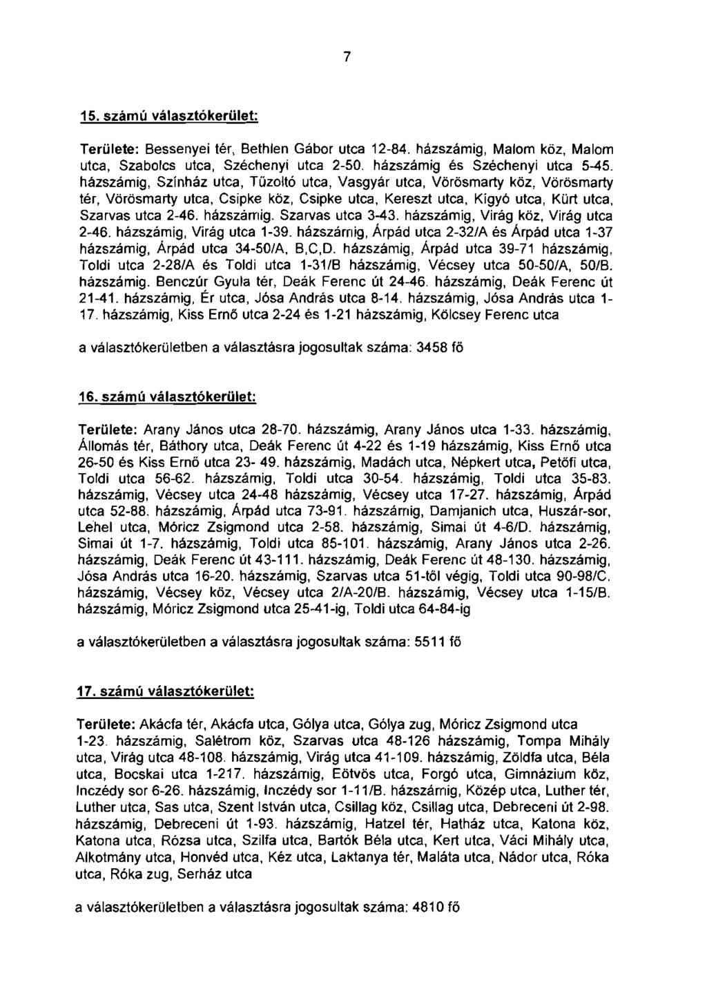 7 15. számú választókerület: Területe: Bessenyei tér, Bethlen Gábor utca 12-84. házszámig, Malom köz, Malom utca, Szabolcs utca, Széchenyi utca 2-50. házszámig és Széchenyi utca 5-45.