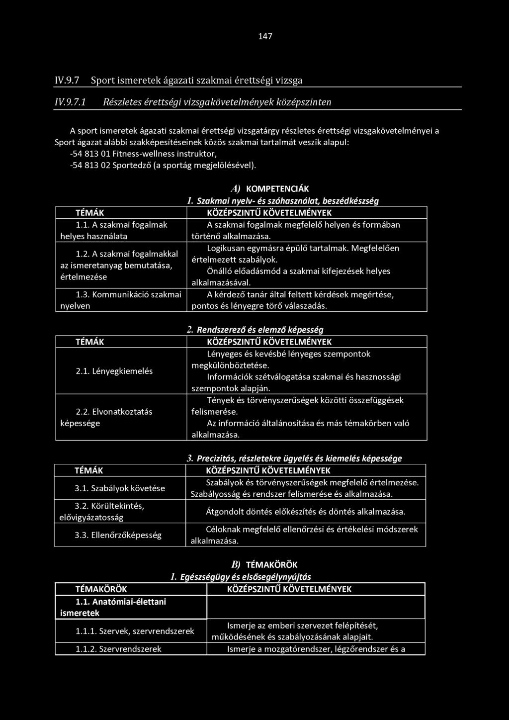 147 IV.9.7 IV.9.7.1 Sport ismeretek ágazati szakmai érettségi vizsga Részletes érettségi vizsgakövetelmények középszinten A sport ismeretek ágazati szakmai érettségi vizsgatárgy részletes érettségi