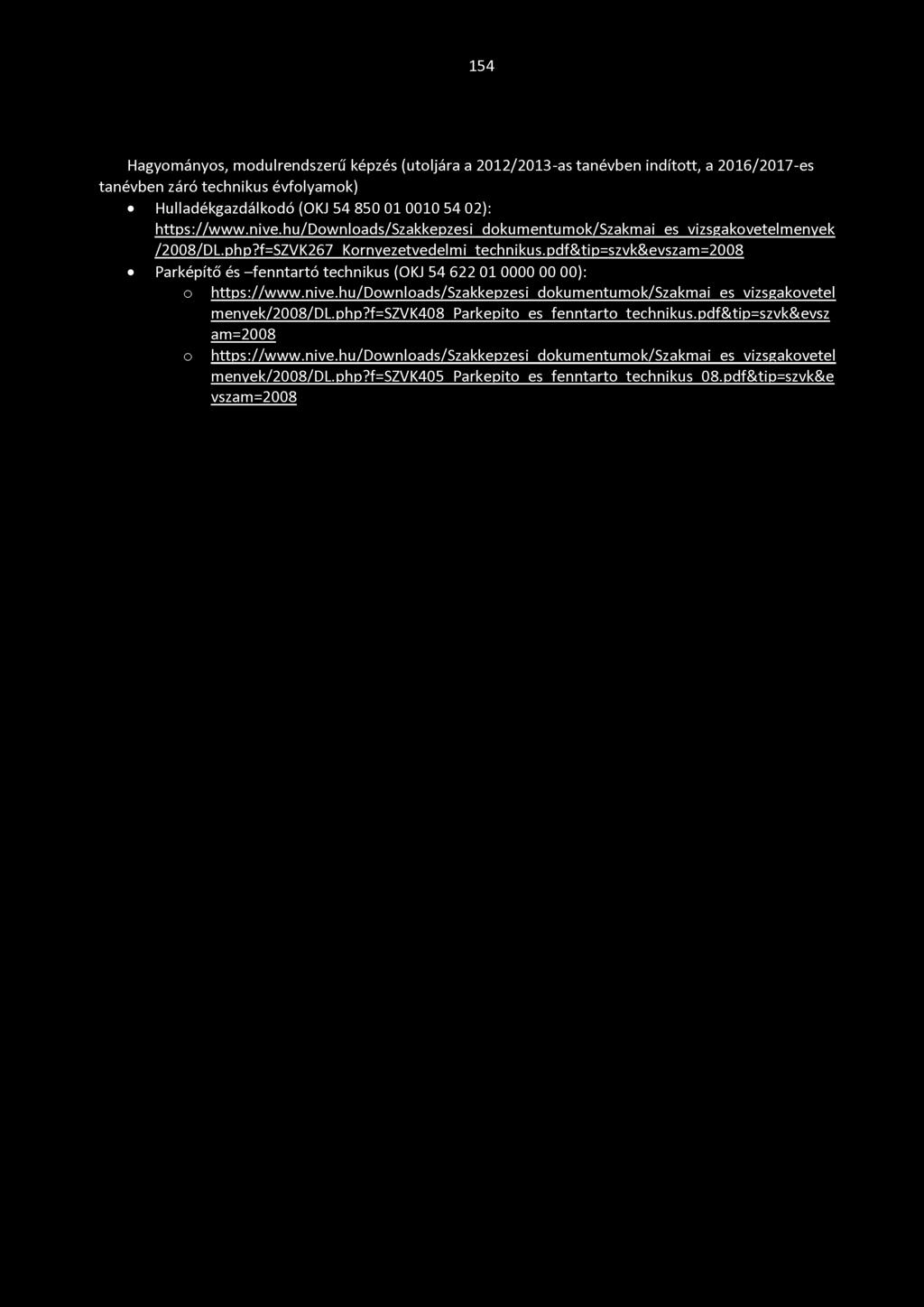 pdf&tip=szvk&evszam=2008 Parképítő és -fenntartó technikus (OKJ 54 622 01 0000 00 00): o https://www.nive.hu/downloads/szakkepzesi dokumentumok/szakmai es vizsgakovetel menyek/2008/dl.