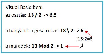 7. Matematikai műveletek a programban Alapműveletek: 10 - *: szorzás (6*3 -- 12) - /: osztás (6/3 -- 2) - +: összeadás (6+3 -- 9) - -: kivonás (6-3 -- 3) - \: maradékos osztás (13\2 -- 6) - Mod: