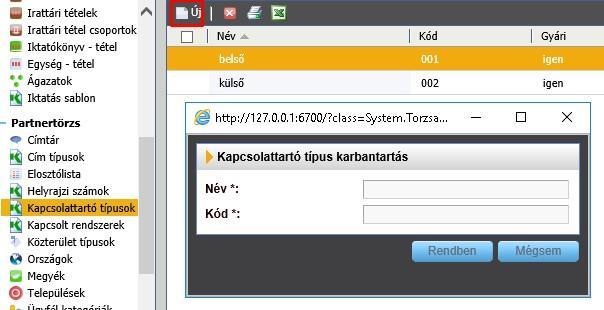 Kapcsolattartó típusok Ügyfélkapcsolattípus lehetőségek A funkció kapcsolattartó típusok felvételére szolgál, az alábbi kép alapján Alapvetően két típus létezik: a belső és a külső kapcsolattartó.