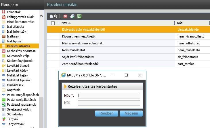 Kezelési utasítás Kiadmányozás feladat elvégzésekor a Kezelési utasítás legördülő mezőben megjelenő értékeket bővíthetjük, módosíthatjuk, törölhetjük.