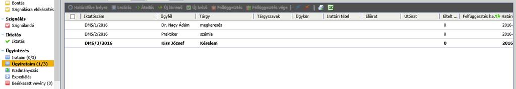 A feladat lista (Feladat főmenü alatti menüpontok esetén) a bejelentkezett felhasználó adott menüponttal kapcsolatos feladatait jeleníti meg, míg a találati listák (a Listák főmenü alatti