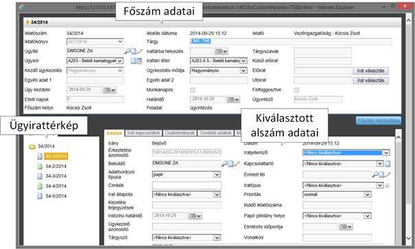 29. ábra: Ügyirat adatok Az Ügyirattérkép segítségével válthatunk az egyes alszámok között. Az alszámok adatai és tulajdonságai az ügyirattérkép melletti füleken jelennek meg.