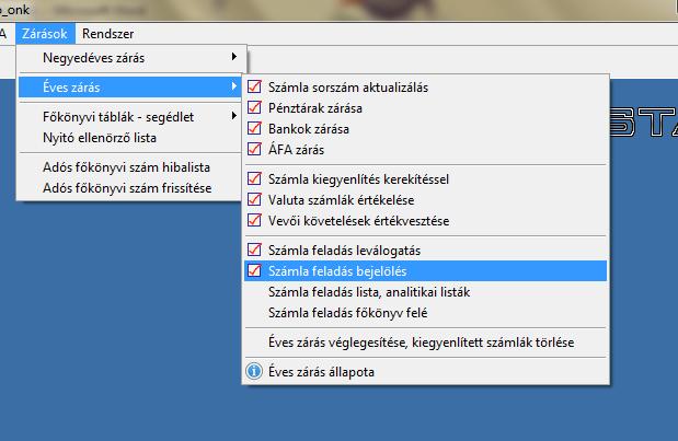 A segédlet csak akkor tartalmaz adatot, ha az éves zárás Zárások\Éves zárás\számla feladás bejelölés menüpontja már futtatásra került.