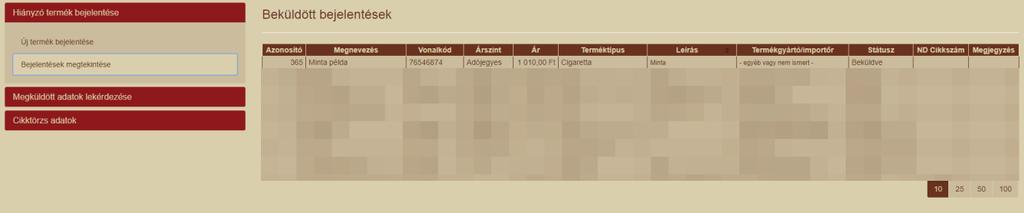 A bal alsó részben lapozhat a táblázat oldalai között.