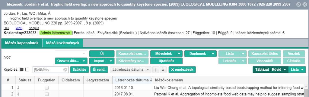 Az idézés kapcsolatok nézetben a kijelölt elem vagy elemek a opciót választva kezelhetők.