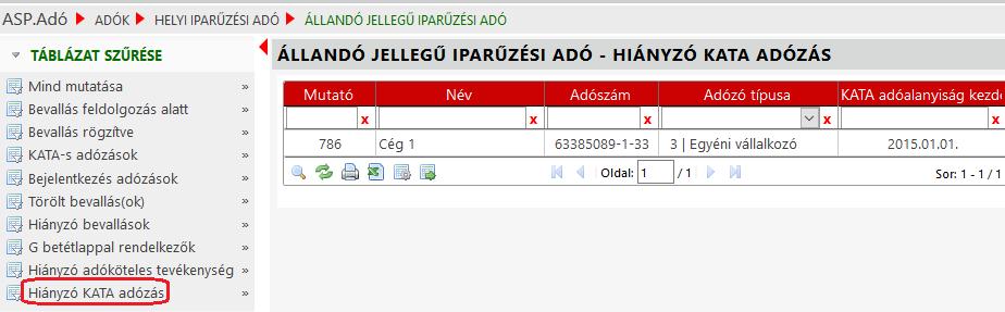 A táblába azok az adózók kerülnek kigyűjtésre, akiknek az adóköteles tevékenységei alapján (törzsadatokon belül Adóköteles tevékenységek fül) nem szűnt meg, vagy szünetel a KATA tevékenysége, viszont