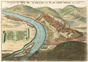 Prospect der Vestung Ofen, wie solche zu sehen von Alt Ofen wehrender Belägerung Anno 1684 Buda és Pest madártávlati képe, északi irányból felvéve. Színezett rézmetszet.