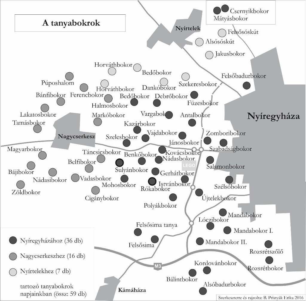 1. ábra: A tanyabokrok elhelyezkedése, a fő útvonalakkal (saját szerkesztés) 2. A bokortanyák fejlődési szakaszai 2. 1. A kialakulásuk és a megtelepedés rövid áttekintése A XVIII.