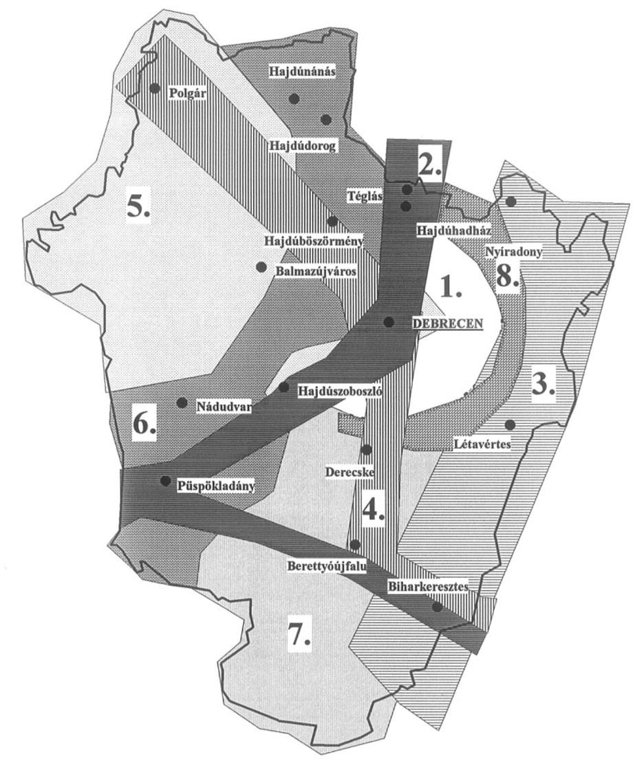 2. ábra: Hajdú-Bihar megye térszerkezeti, fejlesztési zónái, 1998 Jelmagyarázat: 1. Debrecen regionális és innovációs központ; 2. Közlekedési és kommunikációs város-folyosó; 3.