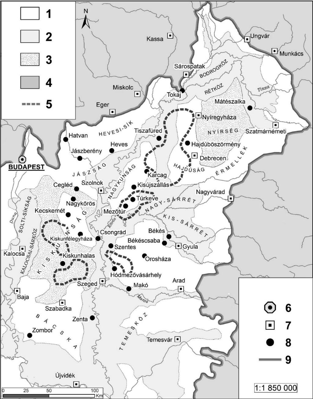 3. ábra. Az Alföld Dunától keletre lévő területei a 19. század végén. (Szerk. Csüllög G., Frisnyák S., Tamás L.).